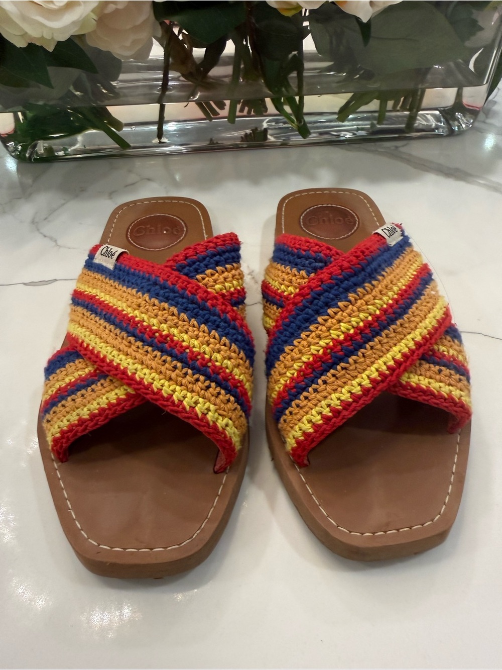 Chloe Multicolor Crochet Cross-Strap Slide Sandals